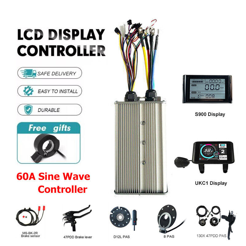 Ebike 60A Dual Mode Sine Wave Controller 48V-72V with LCD Display Thumb Throttle